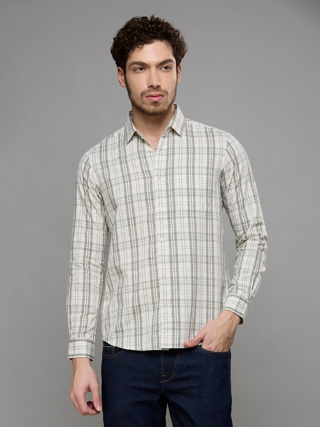 Men's Olive Checks Slim Fit Shirts