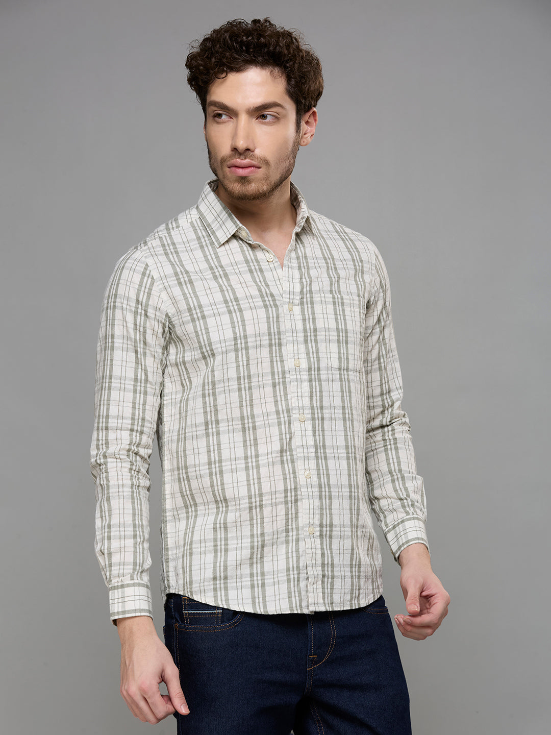 Men's Olive Checks Slim Fit Shirts