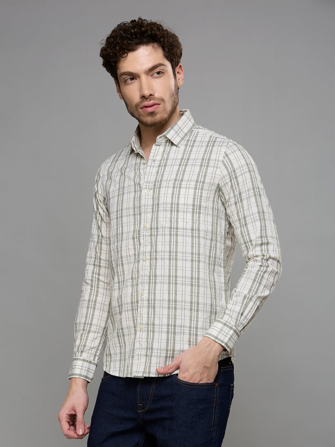 Men's Olive Checks Slim Fit Shirts
