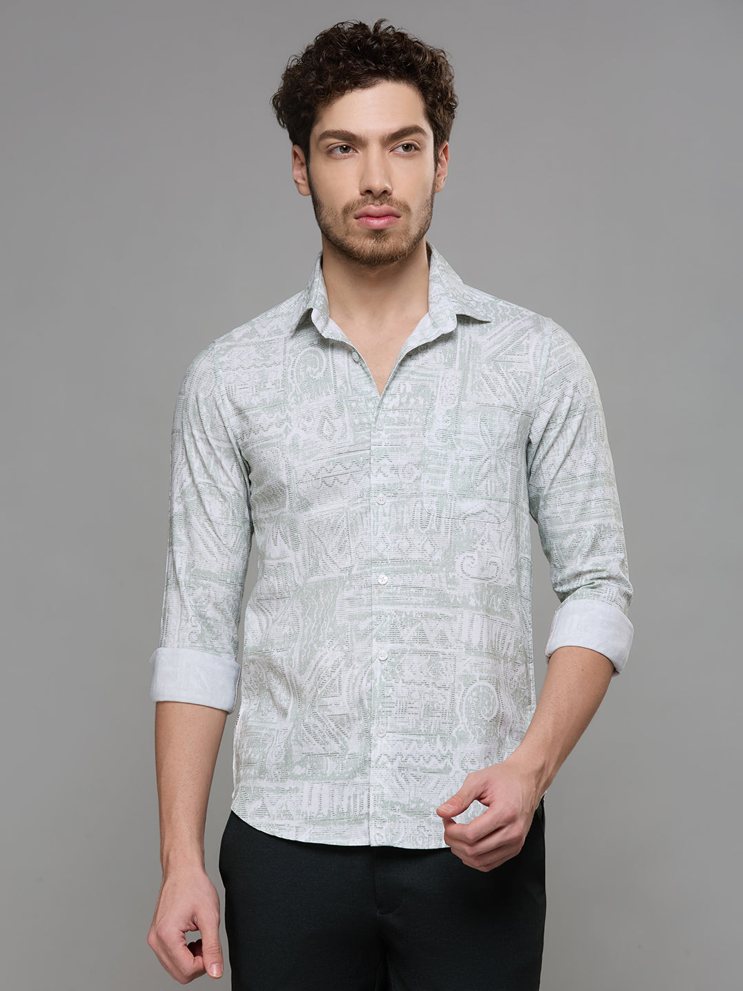 Men's Light Green Printed Slim Fit Shirts