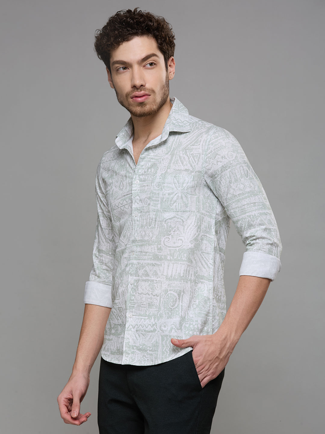 Men's Light Green Printed Slim Fit Shirts