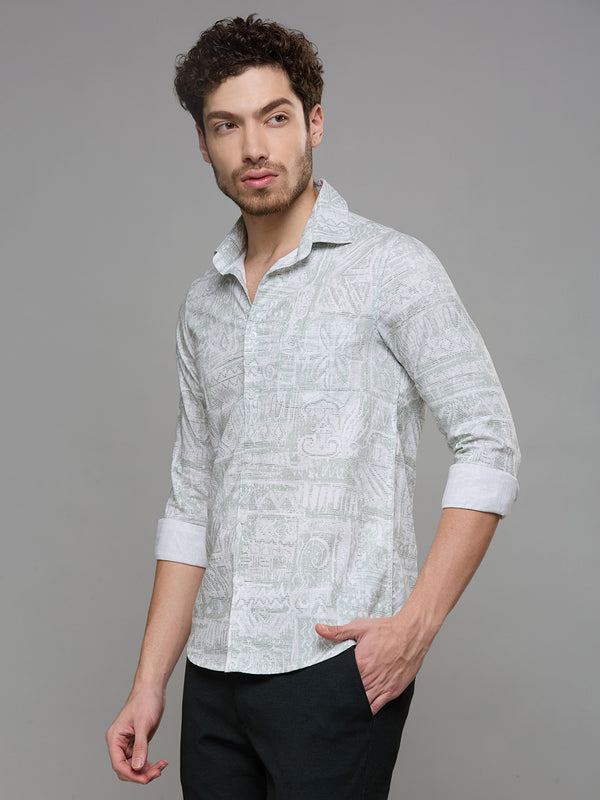 Men's Light Green Printed Slim Fit Shirts