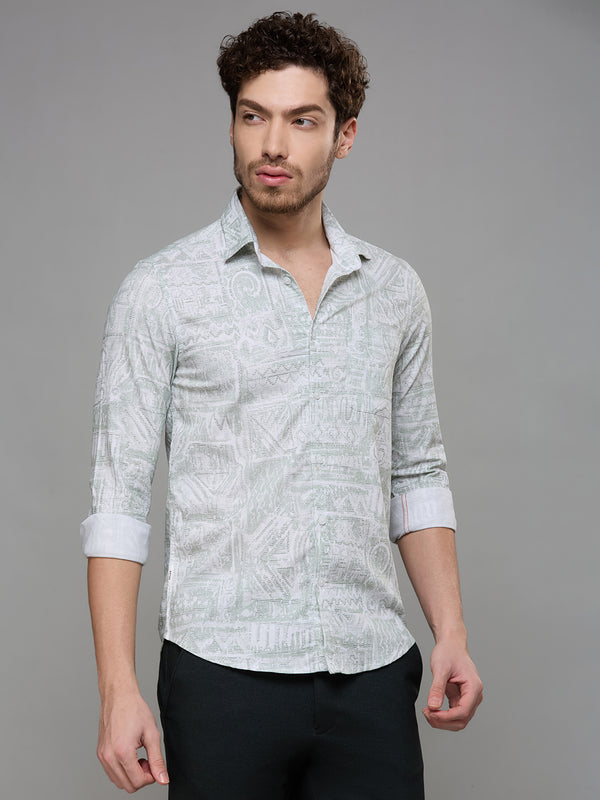 Men's Light Green Printed Slim Fit Shirts