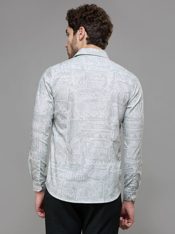 Men's Light Green Printed Slim Fit Shirts
