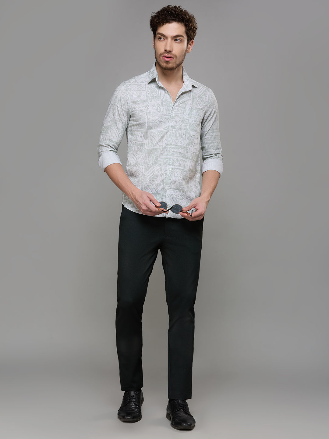 Men's Light Green Printed Slim Fit Shirts