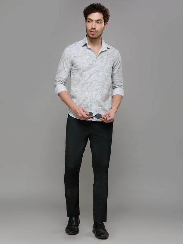 Men's Light Green Printed Slim Fit Shirts