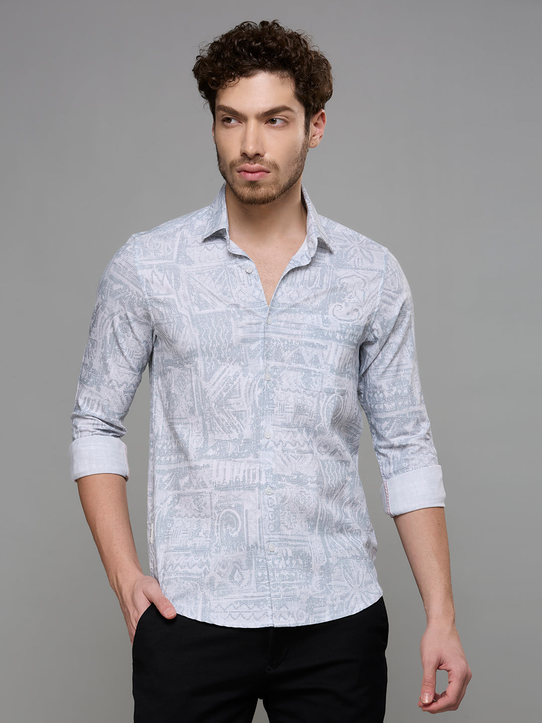 Men's Grey Printed Slim Fit Shirts