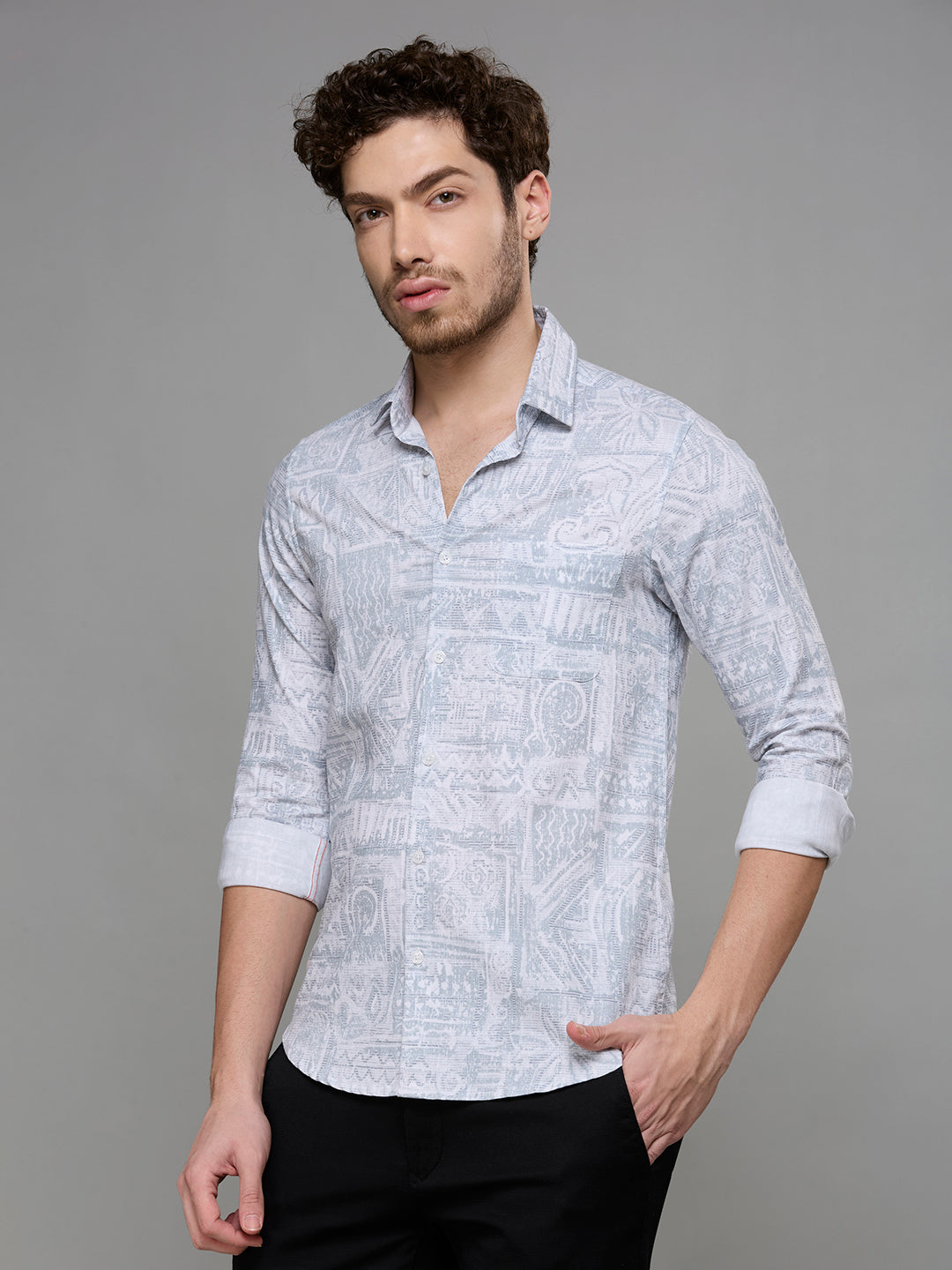 Men's Grey Printed Slim Fit Shirts
