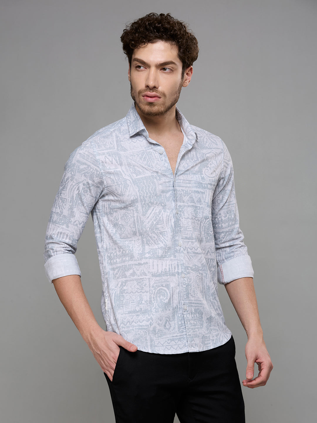 Men's Grey Printed Slim Fit Shirts