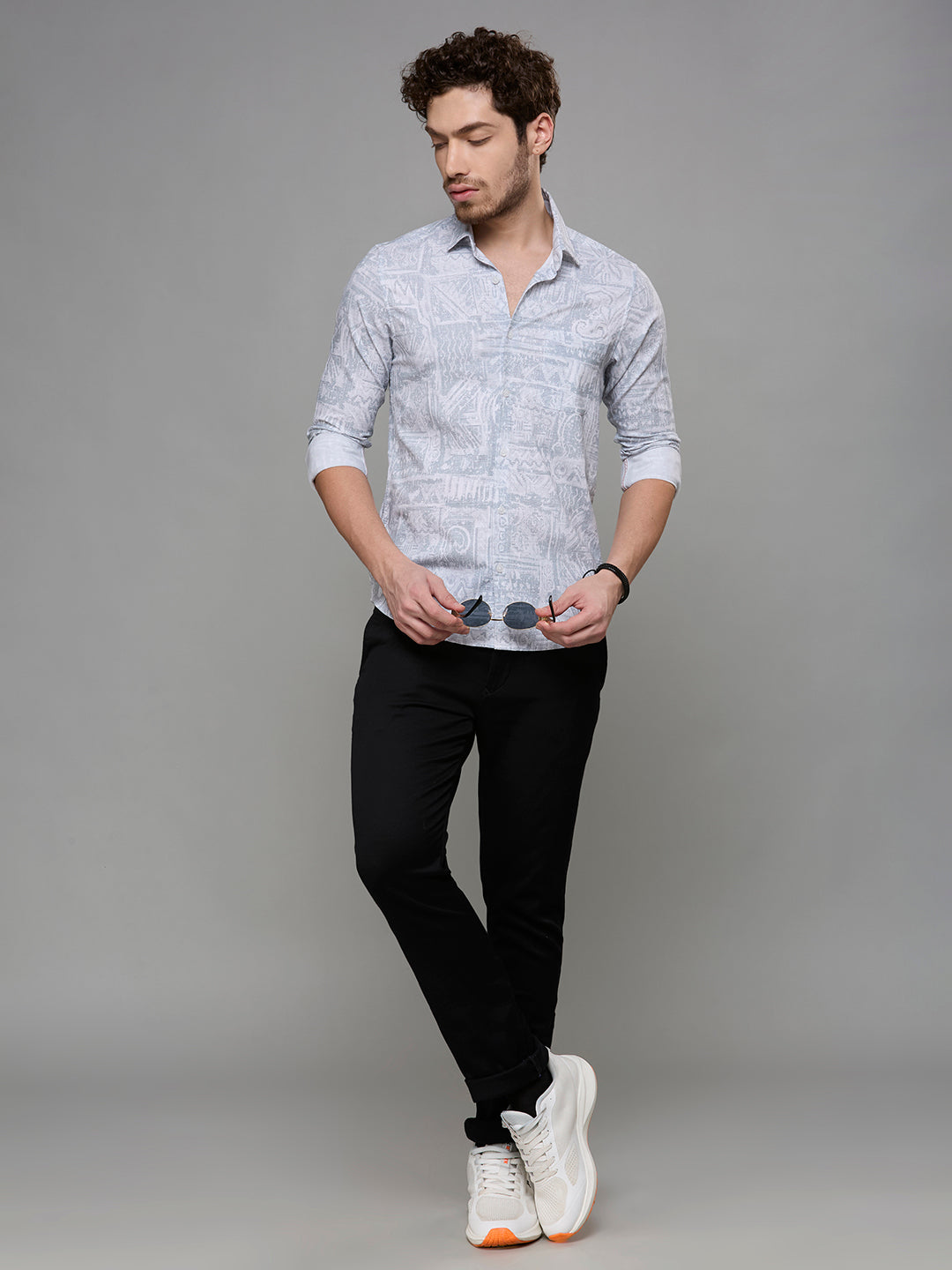 Men's Grey Printed Slim Fit Shirts