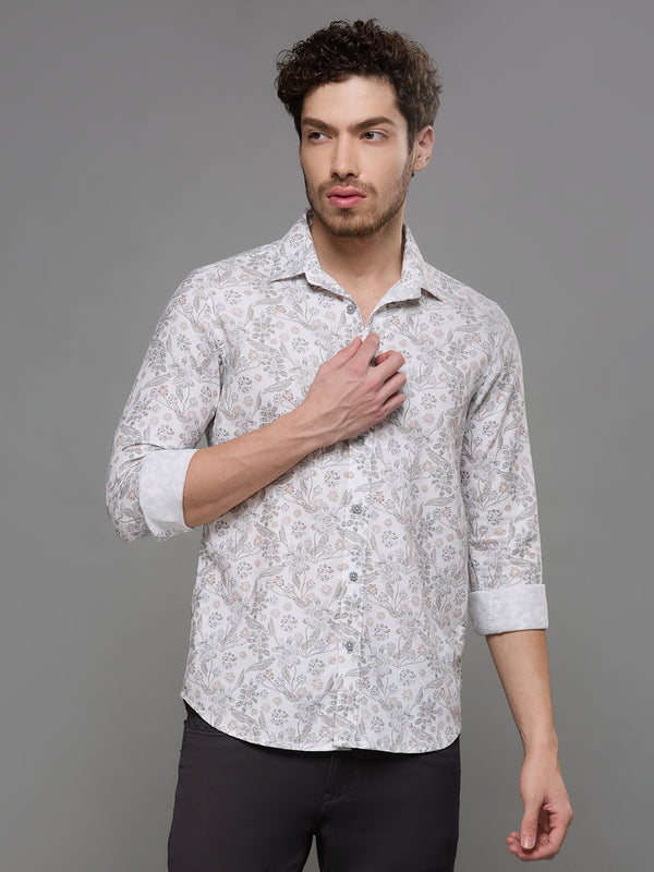 Men's White Printed Slim Fit Shirts