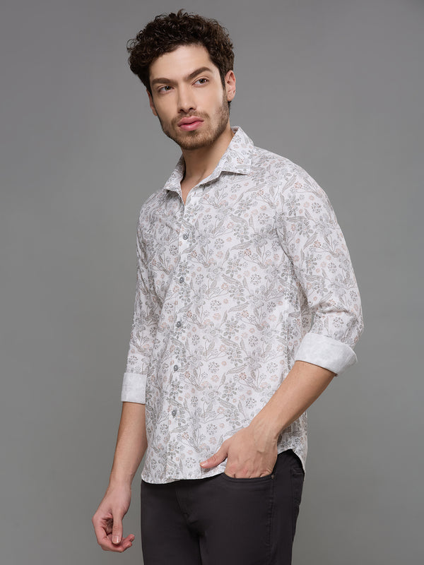 Men's White Printed Slim Fit Shirts