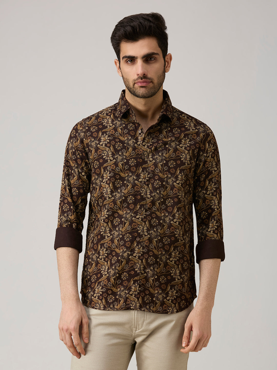 Men's Brown Printed Slim Fit Shirts