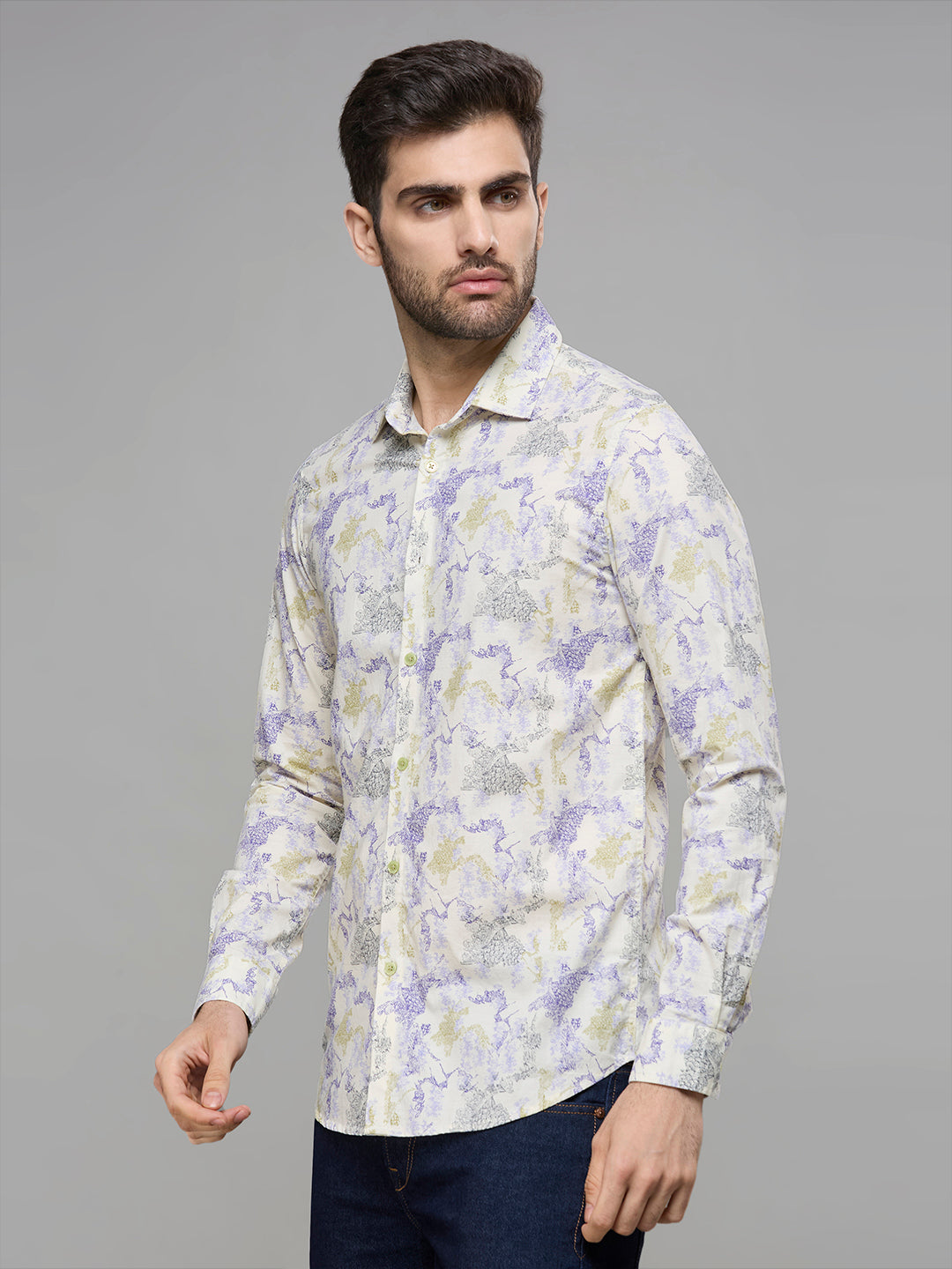 Men's Yellow Printed Slim Fit Shirts