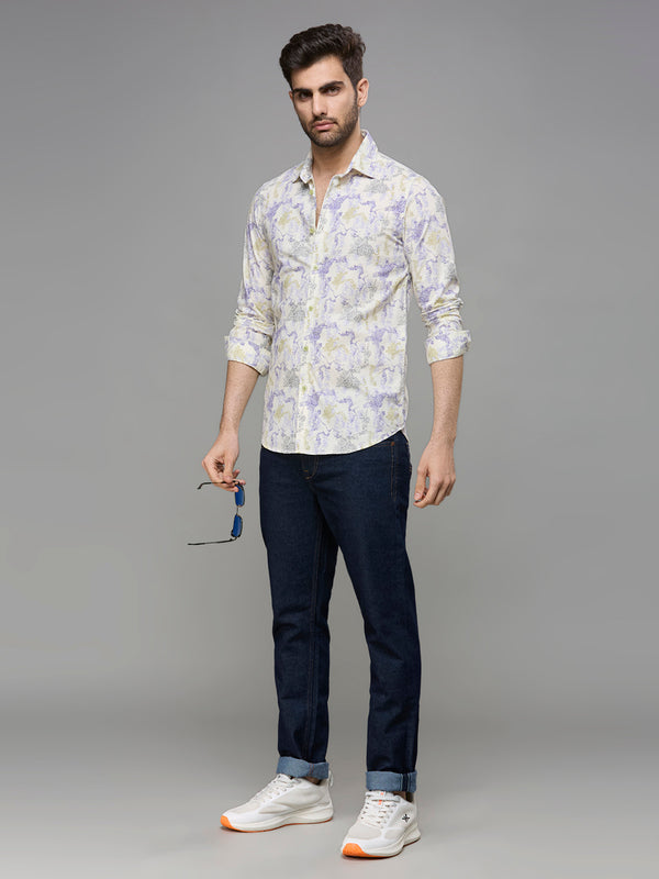 Men's Yellow Printed Slim Fit Shirts