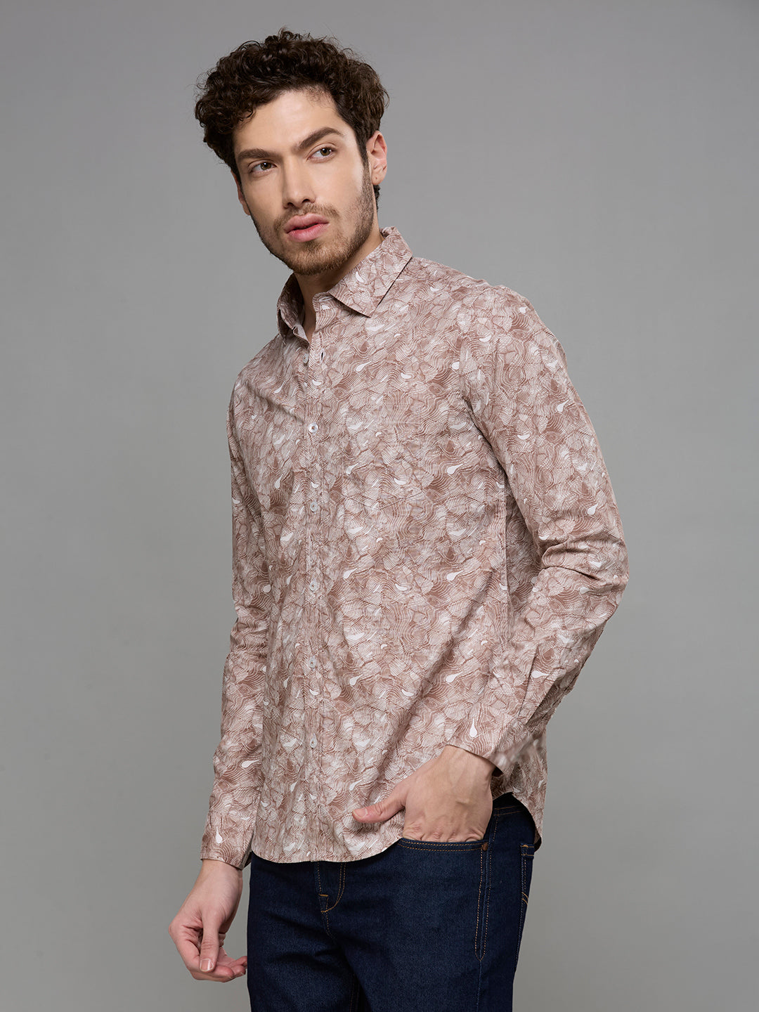 Men's Brown Printed Slim Fit Shirts