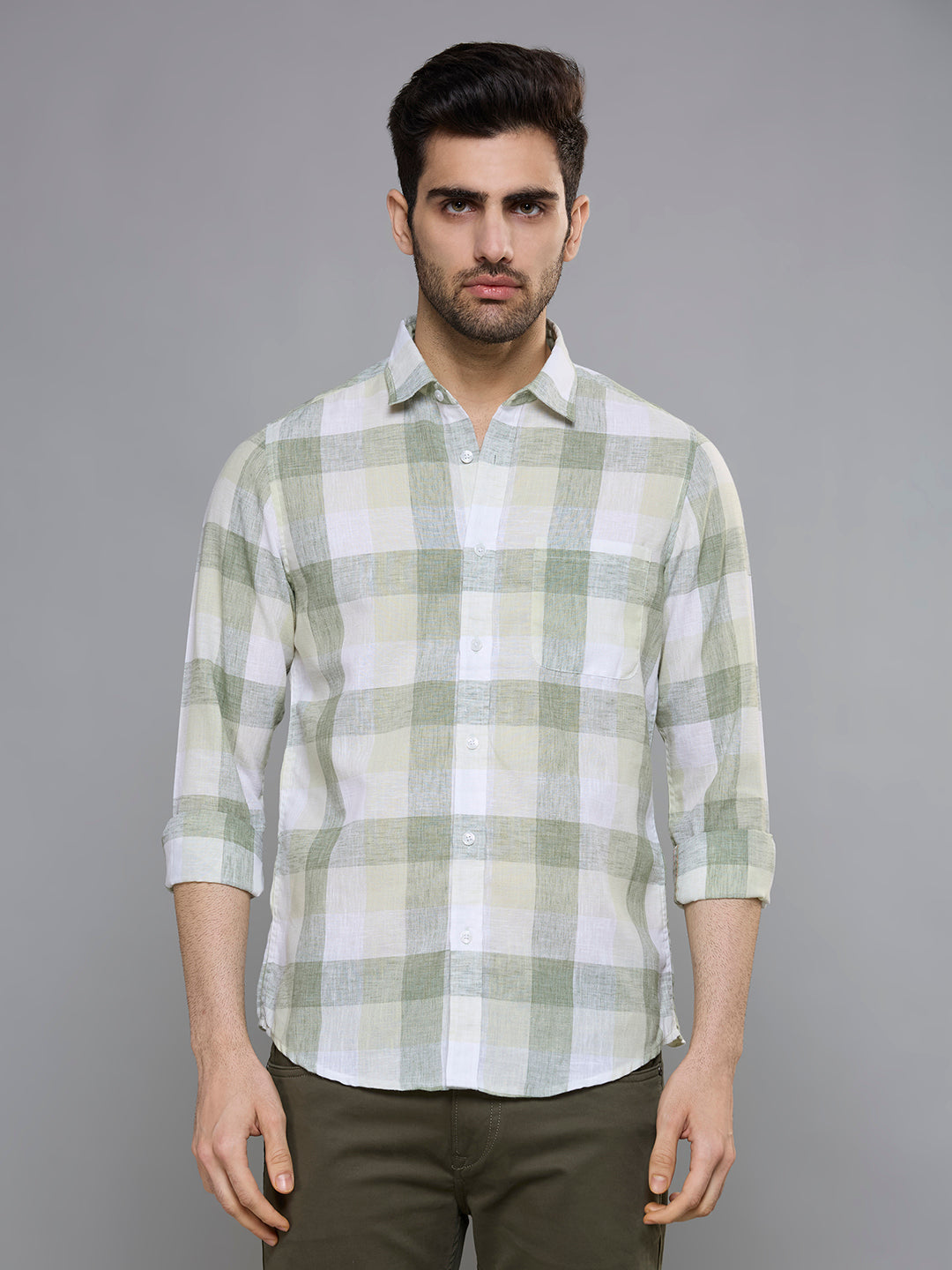 Men's Olive Green Checks Slim Fit Shirts