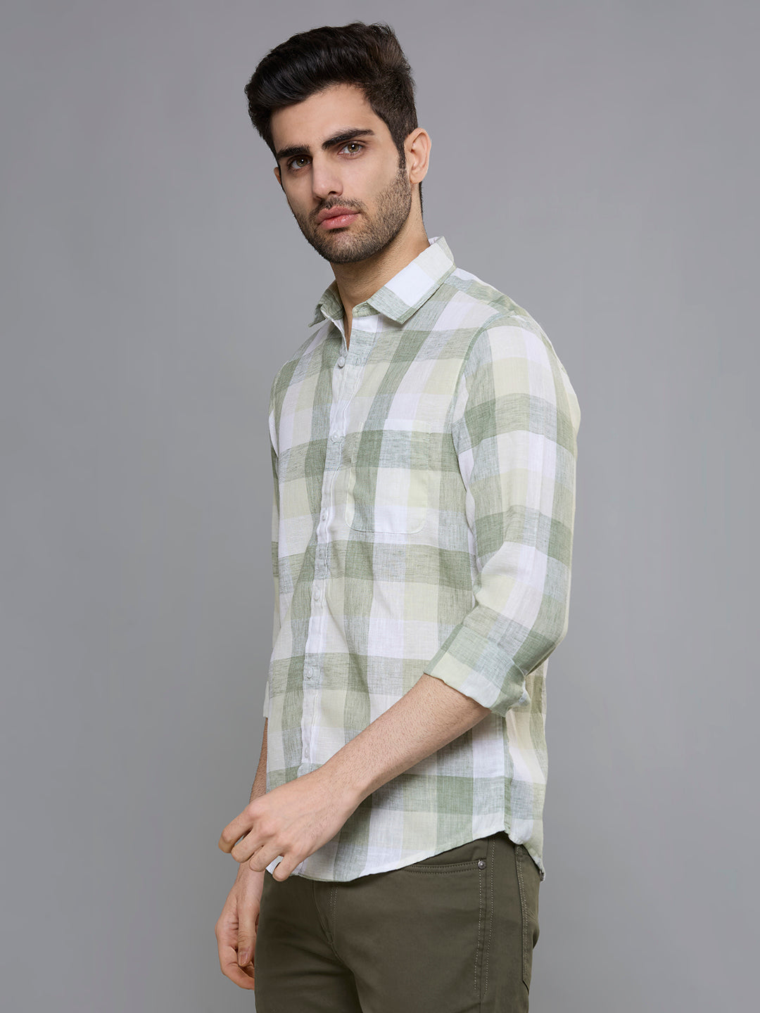 Men's Olive Green Checks Slim Fit Shirts