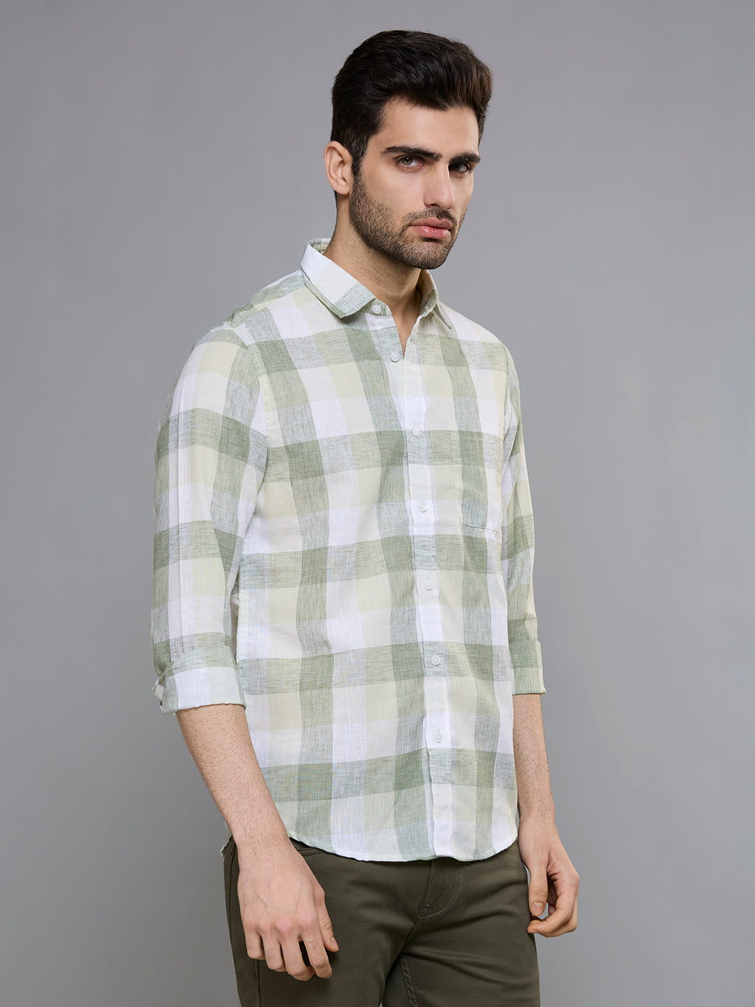 Men's Olive Green Checks Slim Fit Shirts