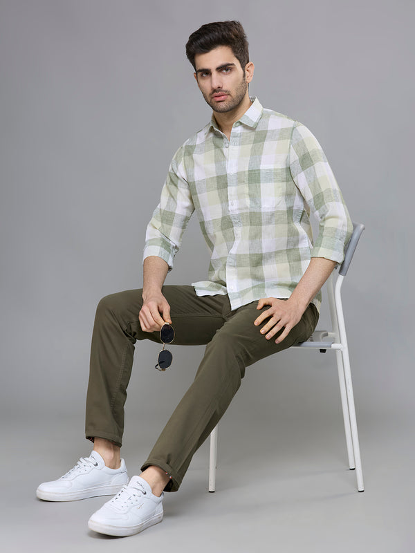 Men's Olive Green Checks Slim Fit Shirts