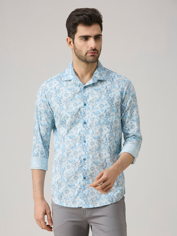 Men's Blue Printed Slim Fit Shirts