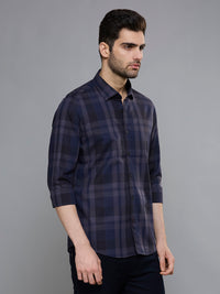 Men's Navy Blue Checks Slim Fit Shirts