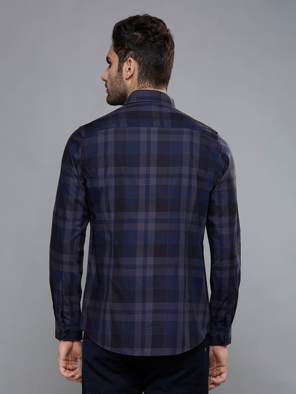 Men's Navy Blue Checks Slim Fit Shirts