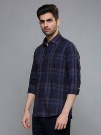 Men's Navy Blue Checks Slim Fit Shirts