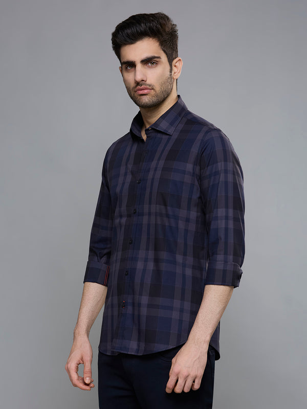 Men's Navy Blue Checks Slim Fit Shirts