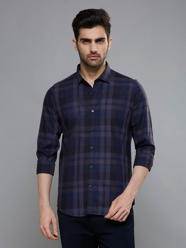 Men's Navy Blue Checks Slim Fit Shirts