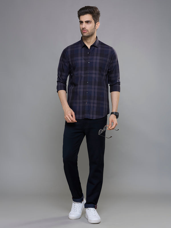 Men's Navy Blue Checks Slim Fit Shirts