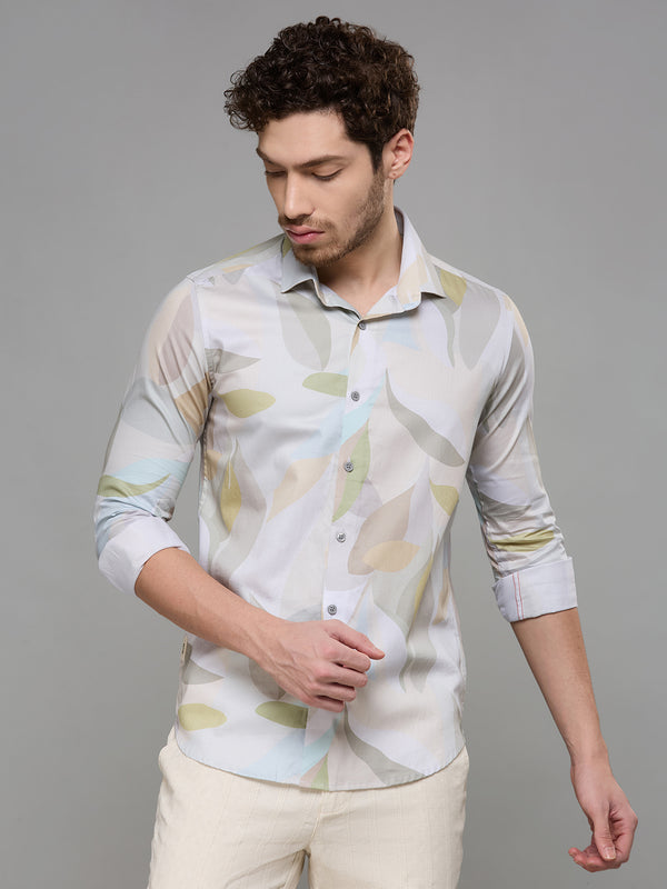 Men's Olive Printed Slim Fit Shirts