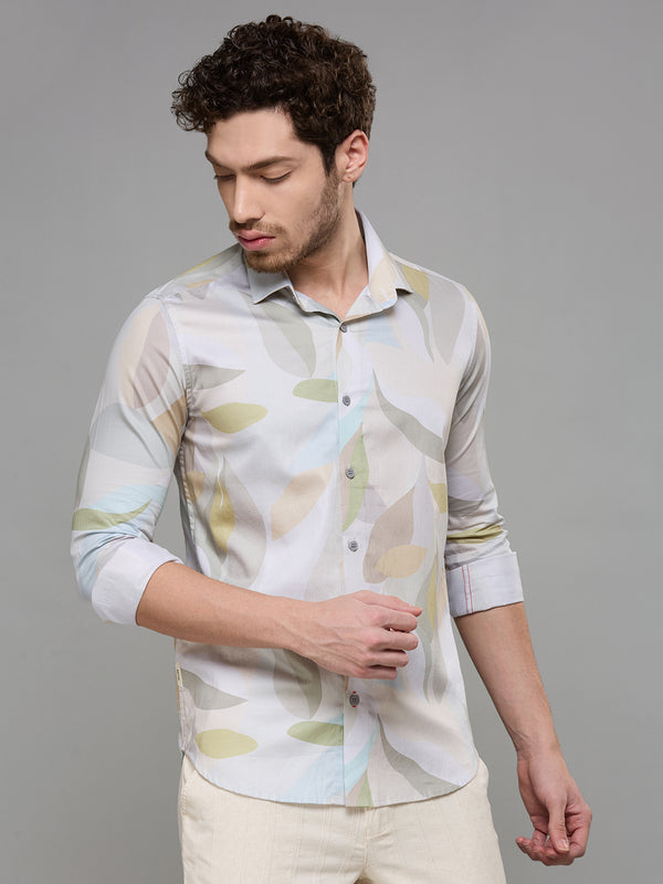 Men's Olive Printed Slim Fit Shirts