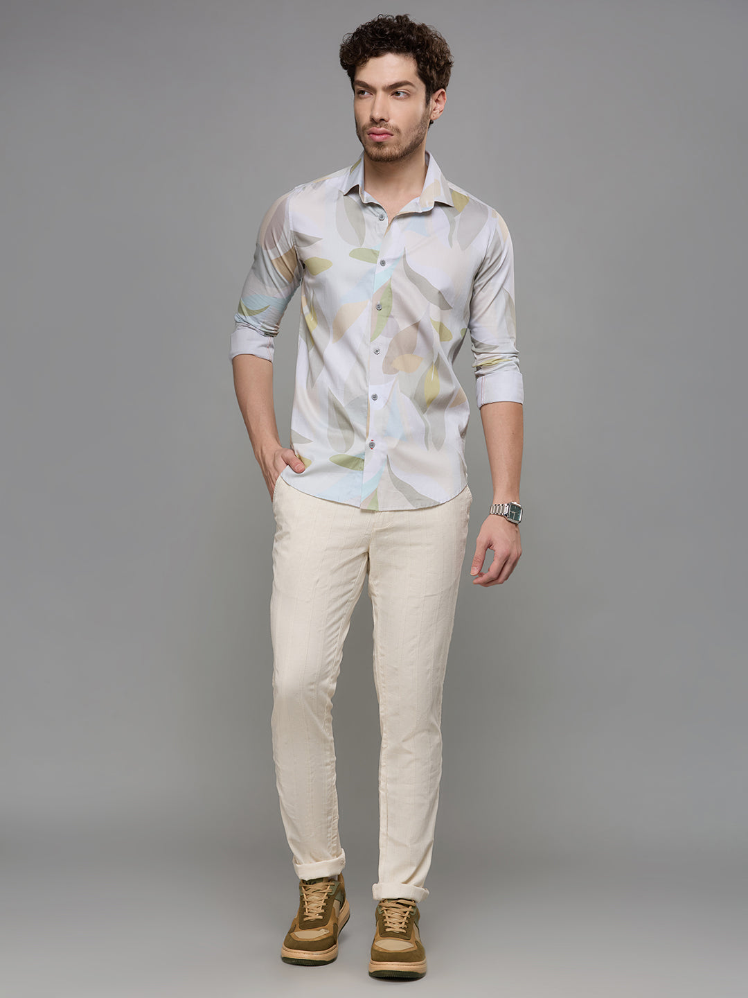 Men's Olive Printed Slim Fit Shirts