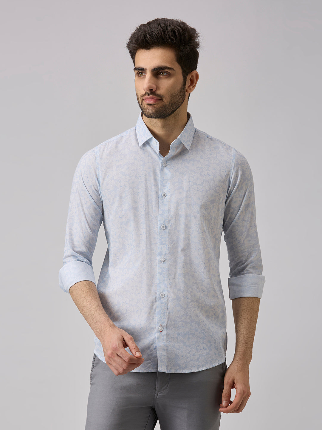 Men's Light Blue Printed Slim Fit Shirts