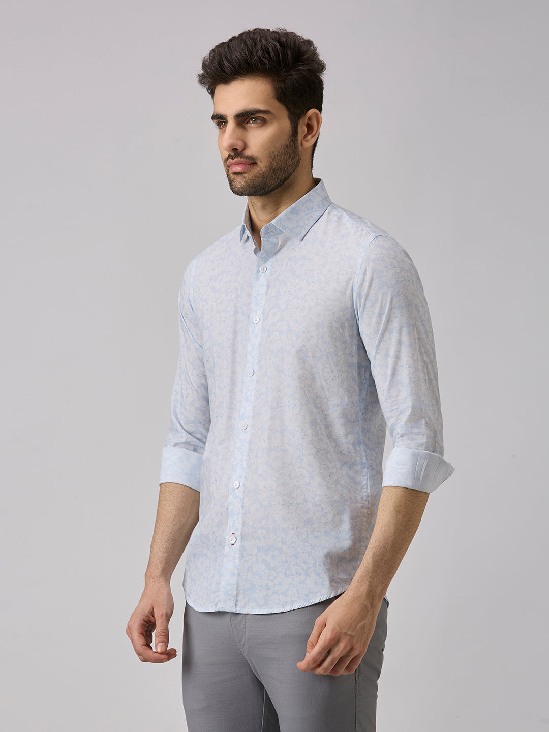 Men's Light Blue Printed Slim Fit Shirts