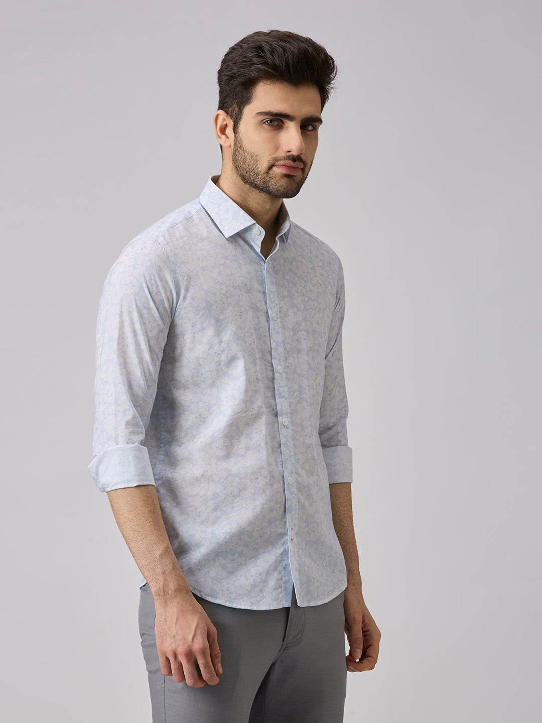 Men's Light Blue Printed Slim Fit Shirts