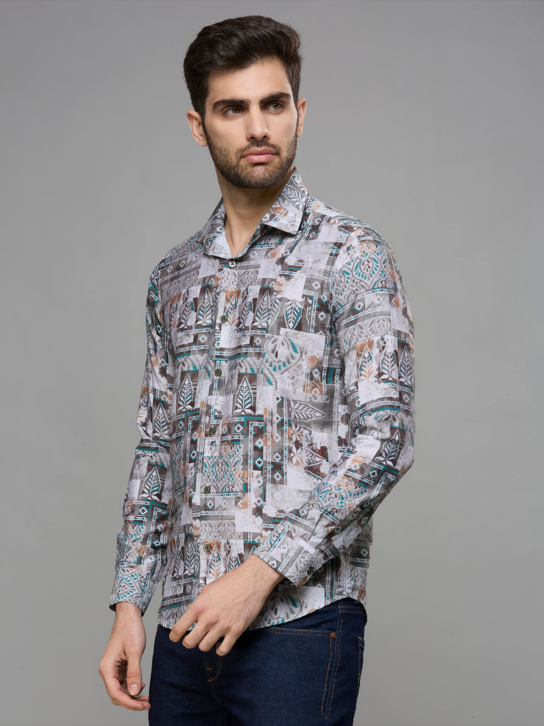 Men's Olive Printed Slim Fit Shirts