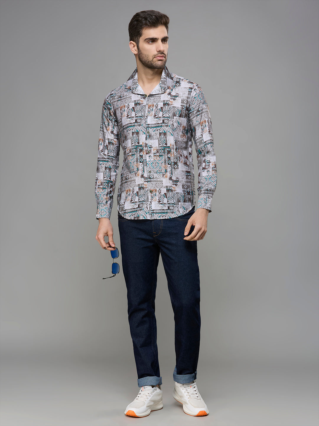 Men's Olive Printed Slim Fit Shirts
