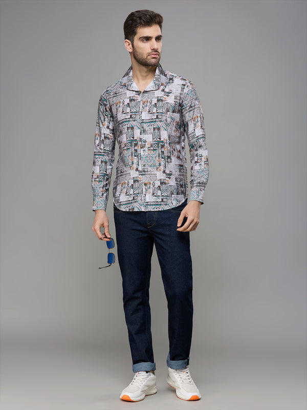 Men's Olive Printed Slim Fit Shirts