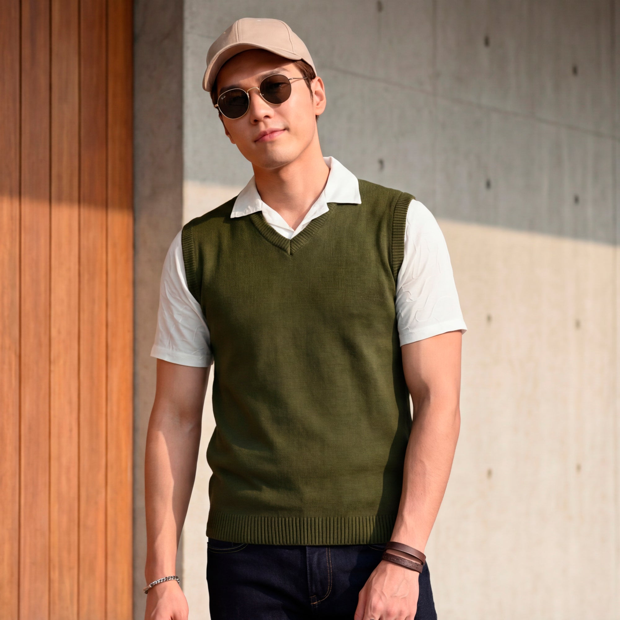 Killer Men V Neck Sleeveless Olive Sweaters