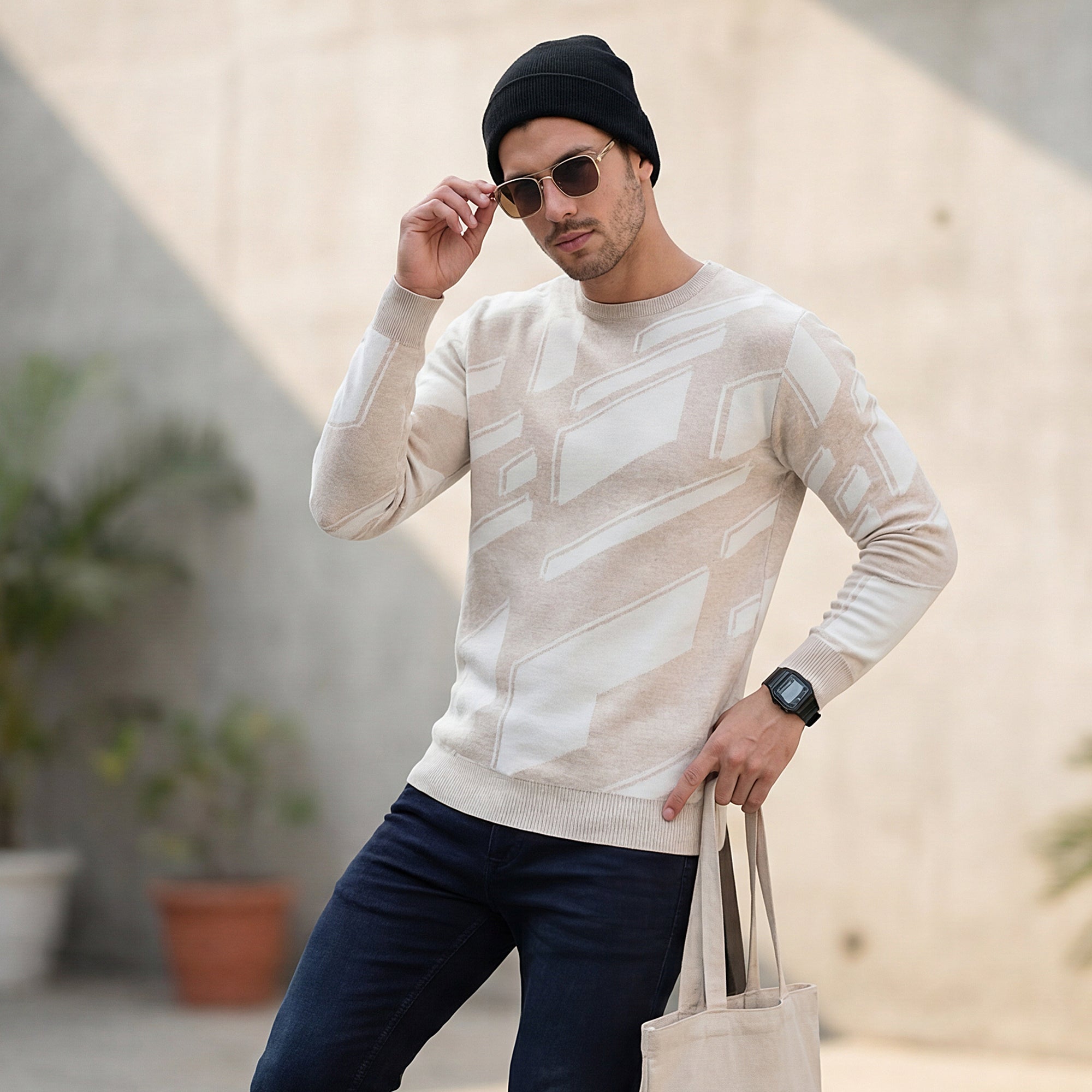 Killer Men Round Neck Khaki Sweaters