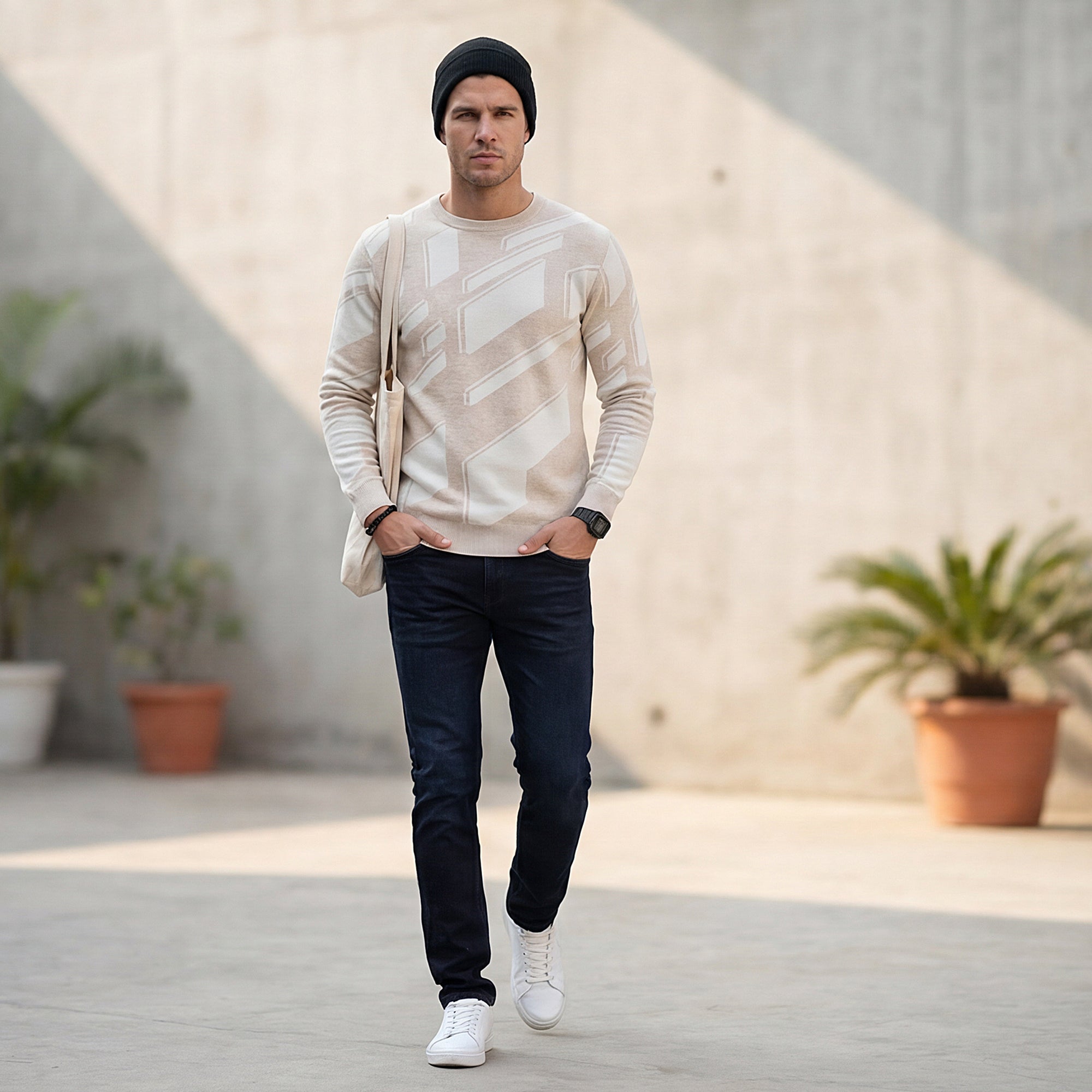 Killer Men Round Neck Khaki Sweaters