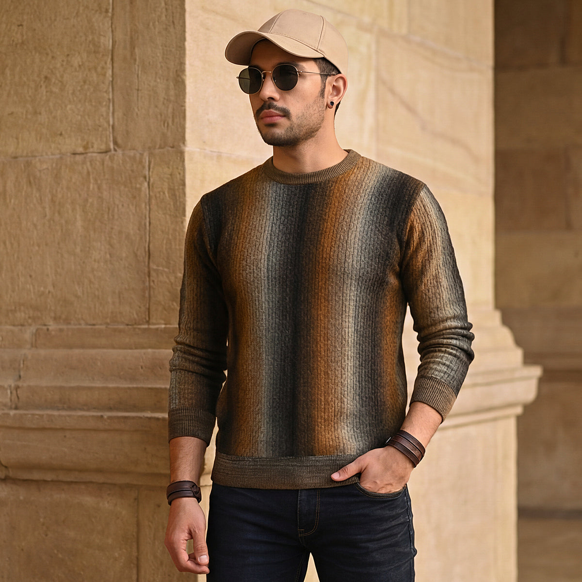 Killer Men Round Neck Brown Sweaters