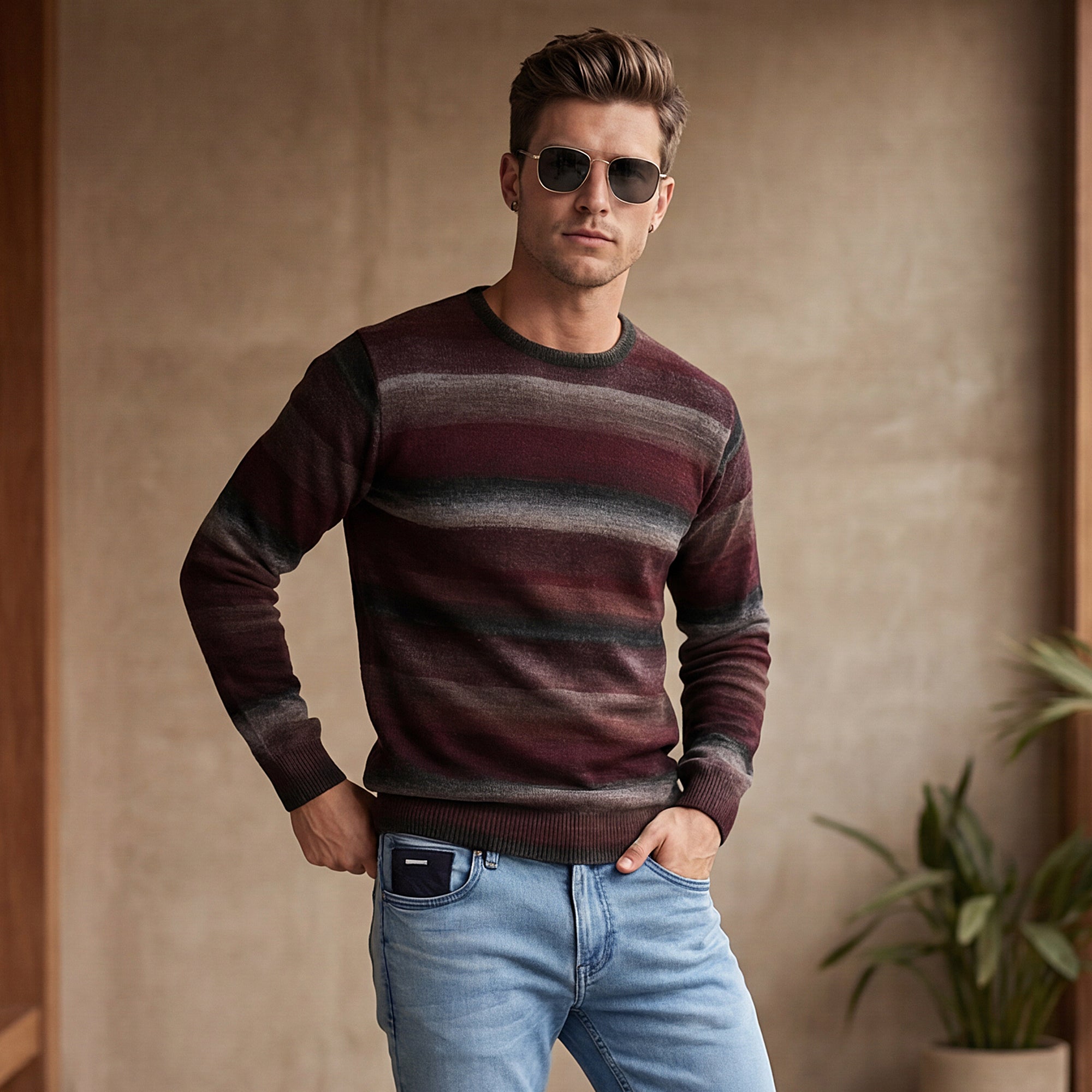 Killer Men Round Neck Wine Sweaters