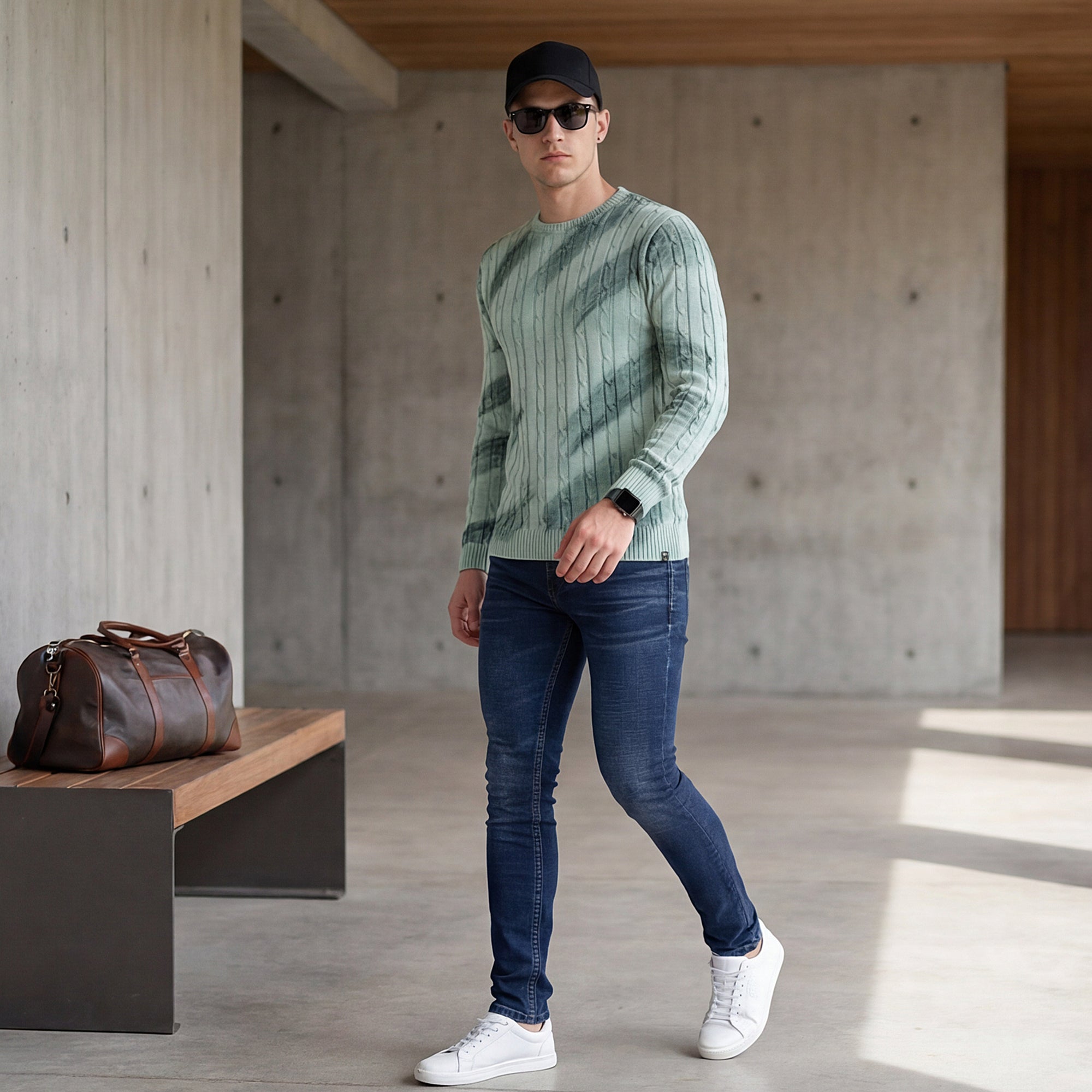 Killer Men Round Neck Green Printed Sweaters