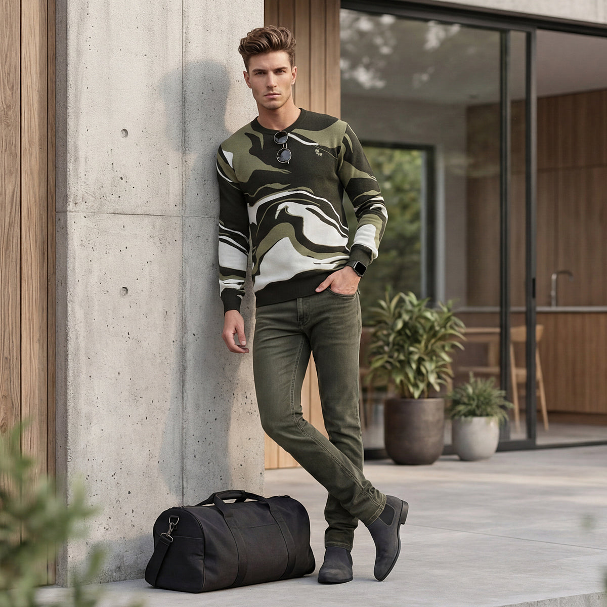 Killer Men Round Neck Olive Sweaters