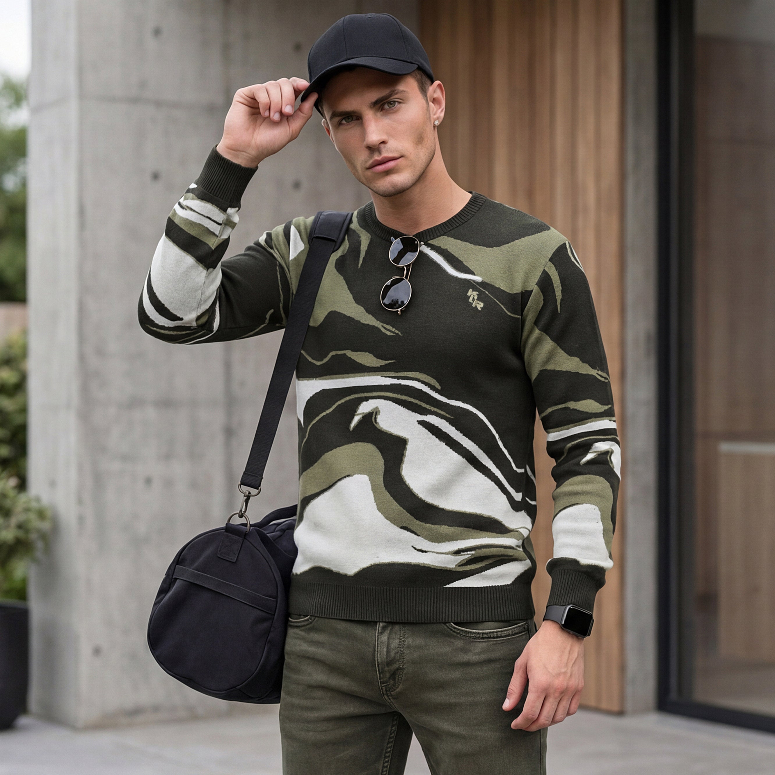 Killer Men Round Neck Olive Sweaters