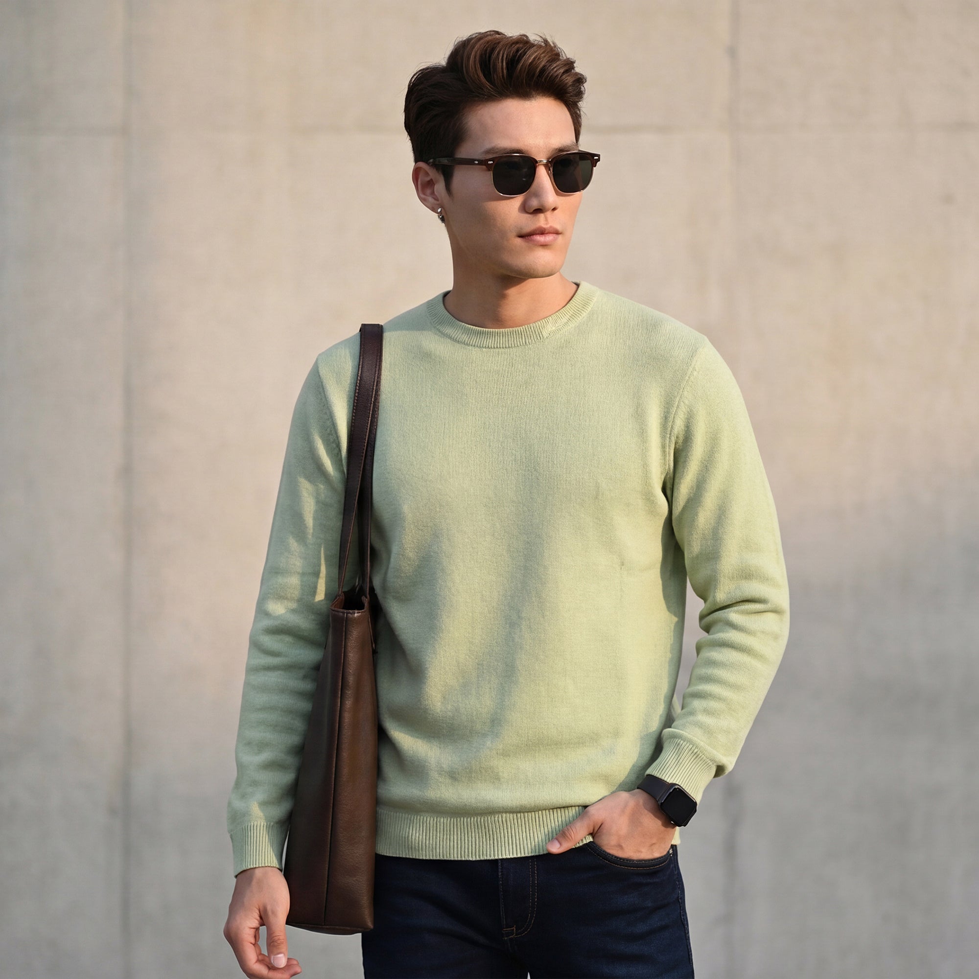 Killer Men Round Neck Light Green Sweaters