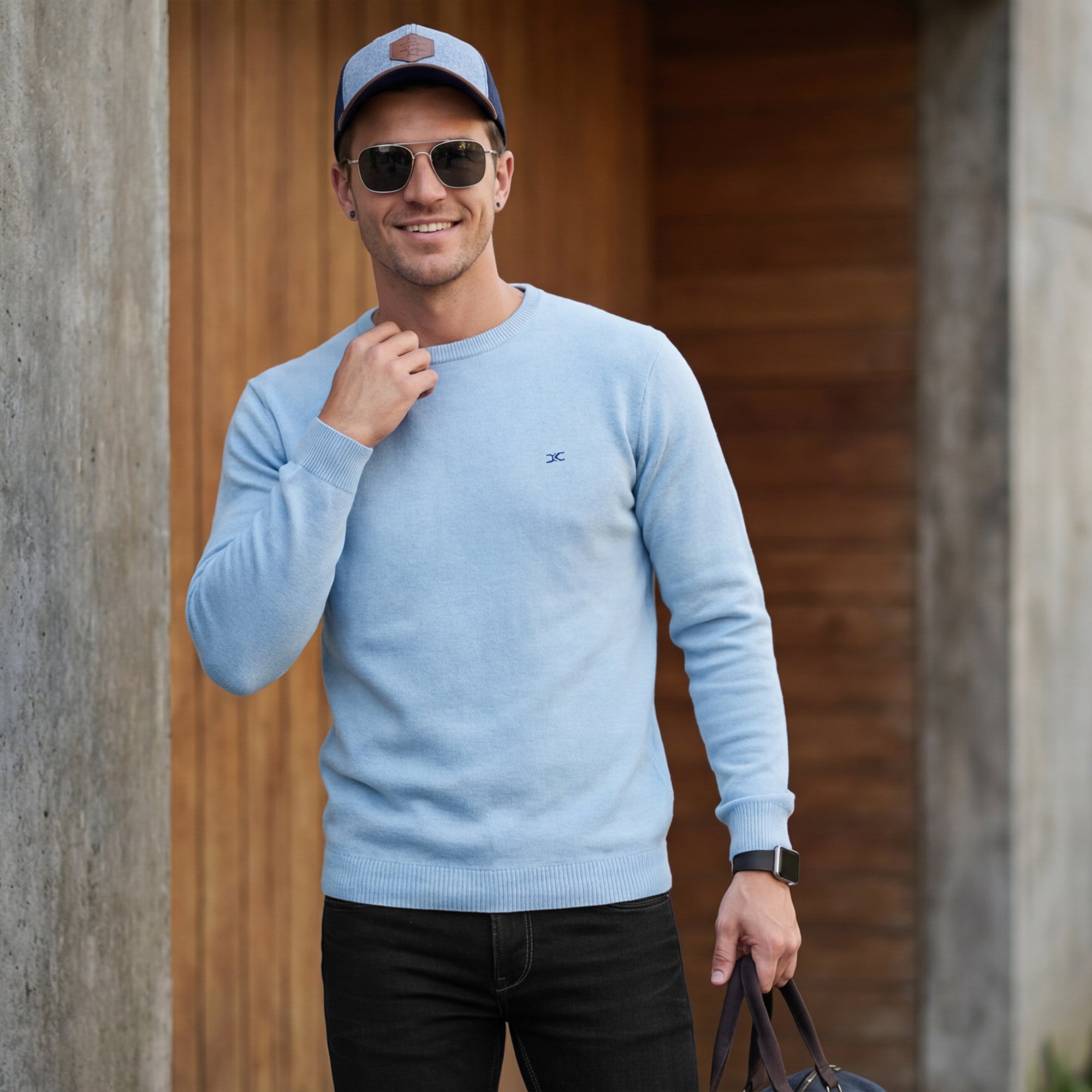 Killer Men Round Neck Light Blue Sweaters